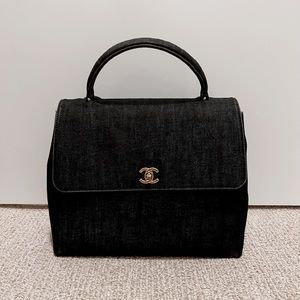 Chanel Black Kelly Top Handle Bag in Denim Authentic Vintage